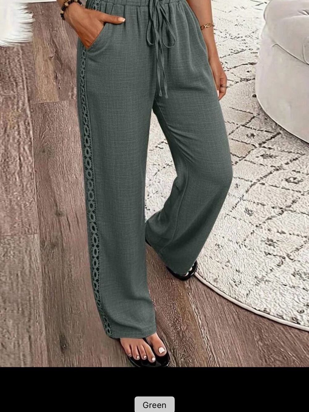 Casual Wide-Leg Floral Crochet-Trim Pants in Dark Green M (6)